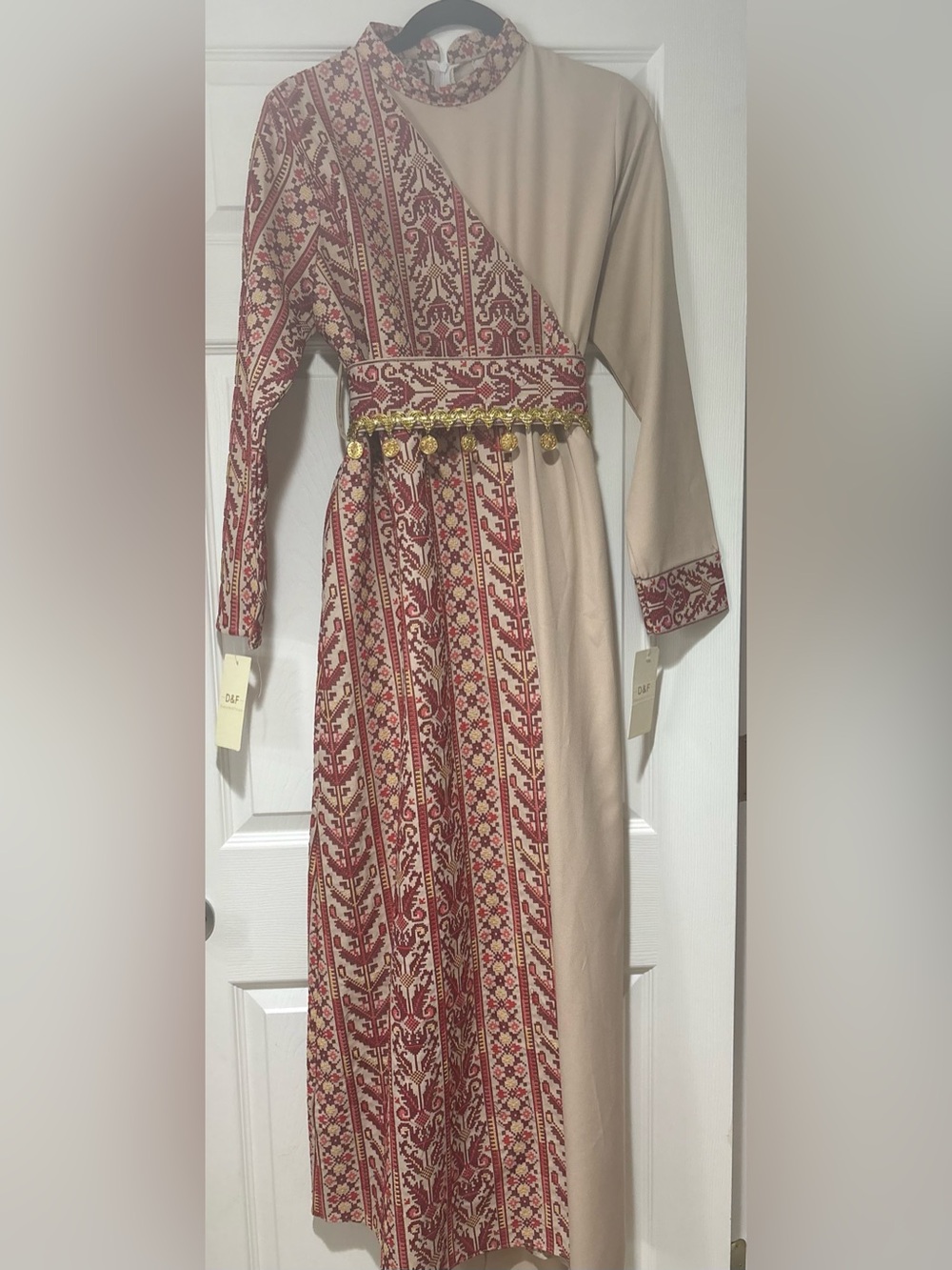 Beige and Red Embroidered Palestinian tatreez Dress with Gold Coin Trim